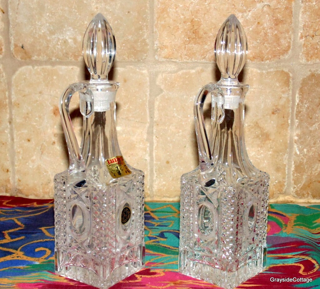 Celini Hand Cut Crystal Cruets with Stoppers Vintage 24 Lead Crystal