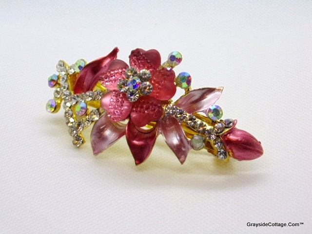 Pretty Burgundy Pink Hair Clip Aurora Borealis Crystals Satin
