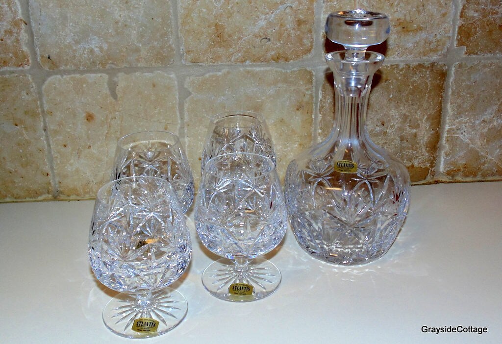 Atlantis Cut Glass Brandy Liquor Decanter Set with Four Snifters. Full