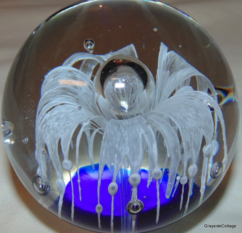 Fantastic Glass Paperweight • Blue and White Huge Flower Burst • Large
