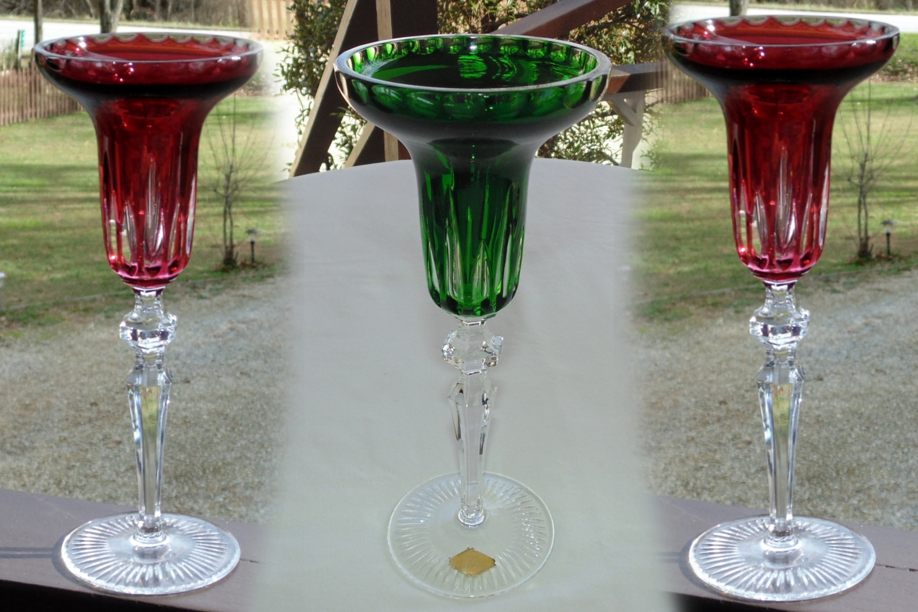 Hand Cut German Crystal * Art Glass Candlestick Holder * Green Cut to