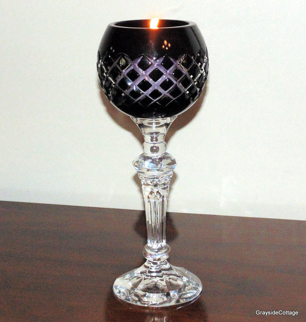 Black Cut to Clear Glass Candle Holders • Matched Pair • Column Style