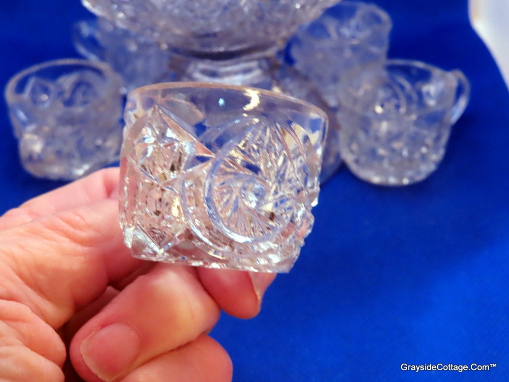 Vintage Punch Bowl Set w/6 Cups • Cut Glass Stunning Clear EAPG • Children's Dishes • FREE SHIPPING!