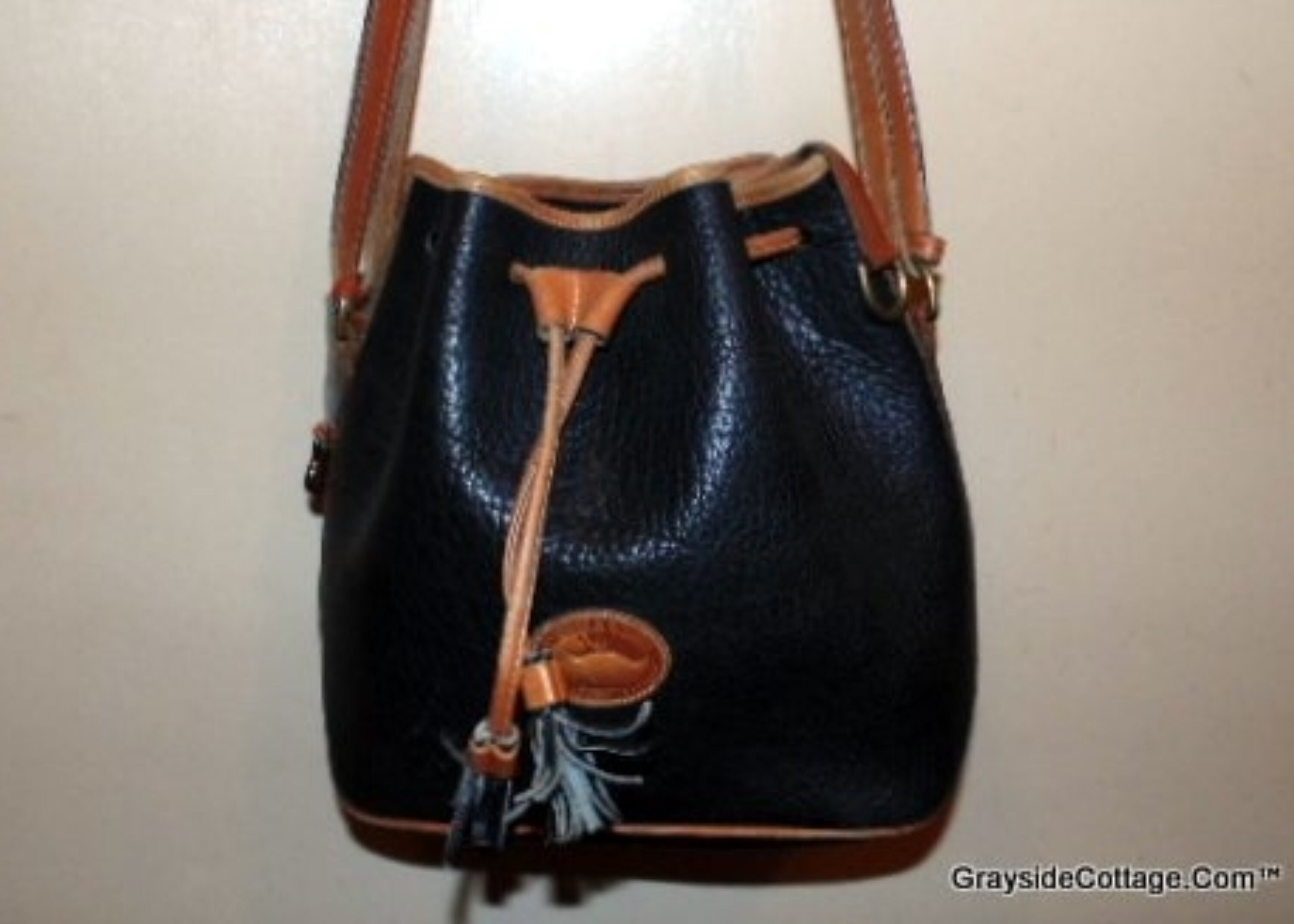 Dooney and Bourke • AWL Bucket Bag • Black w/Tan Leather • D & B Drawstring Shoulder Bag • Duck