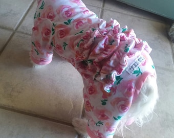 Custom Printed Cotton Knit OnePiece in Pink Roses. Very popular print. Custom To Your Pet's Measurements. Not just pj's! They're for anytime