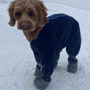 Custom Fleece OnePiece with Attached Outdoor or Indoor Booties. Sewn To Your Pet's Measurements.  No more cold paws..