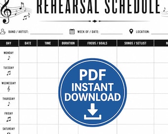 Könnte beinhalten: Schwarz-weiß Probeplan-Vorlage mit Abschnitten für Band/Künstler, Datum, Uhrzeit und Notizen. Enthält einen blauen Kreis mit dem Text "PDF INSTANT DOWNLOAD". Enthält eine Grafik mit Noten und eine Ausrüstungscheckliste.