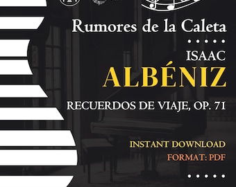 Könnte beinhalten: Notenblatt-Cover für "Rumores de la Caleta" von Isaac Albéniz. Das Design zeigt ein Klavier, Noten und den Text "Sofort-Download, Format: PDF, Klaviernoten". Der Hintergrund ist dunkel mit weißem und gelbem Text.