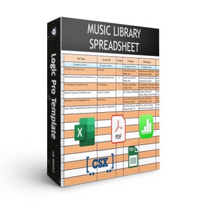 May include: A colorful illustration of a spreadsheet template for organizing music library files. The template includes columns for file name, track title, version, category, and subcategory. The image also shows icons for Excel, PDF, CSV, and TSV file formats.