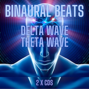 Puede incluir: Una ilustración azul y roja de una cabeza humana con un cerebro en su interior. El cerebro está iluminado con una luz brillante. El texto "Binaural Beats Delta Wave Theta Wave" está escrito en letras blancas sobre un fondo azul. El texto "2 X CDs" está escrito en letras blancas sobre un fondo azul.