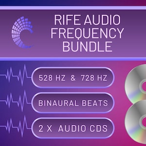 Puede incluir: Un gráfico morado y azul que promociona el "RIFE AUDIO FREQUENCY BUNDLE". La imagen incluye texto para "528 HZ & 728 HZ", "BINAURAL BEATS" y "2 X AUDIO CDS". Dos CDs son visibles en el lado derecho de la imagen.