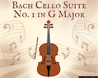 May include: Illustration of a cello with a bow, musical notes, and the text "Sheet Music - Notation Bach Cello Suite No. 1 in G Major." The words "Digital Download" are also present. The background is a light brown color.