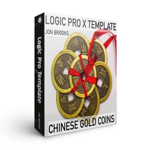 Könnte beinhalten: Eine Logic Pro X-Vorlage zum Erstellen von Musik mit chinesischem Thema. Die Vorlage zeigt ein rotes Band, das um eine Gruppe von goldenen chinesischen Münzen mit chinesischen Schriftzeichen gebunden ist. Der Text "LOGIC PRO X TEMPLATE" und "CHINESE GOLD COINS" ist auf der Box aufgedruckt.