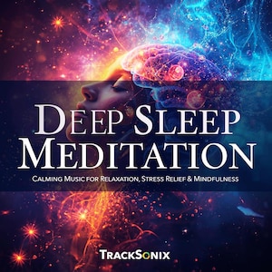 May include: A digital art image with a woman's profile overlaid on a brain illustration. The text "DEEP SLEEP MEDITATION" is prominent, with "CALMING MUSIC FOR RELAXATION, STRESS RELIEF & MINDFULNESS" below. The TrackSonix logo is at the bottom.
