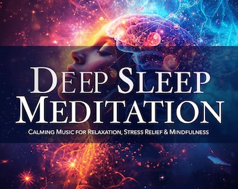 Könnte beinhalten: Digitales Kunstbild mit dem Profil einer Frau, überlagert von einer Gehirndarstellung. Der Text "DEEP SLEEP MEDITATION" ist prominent, darunter "CALMING MUSIC FOR RELAXATION, STRESS RELIEF & MINDFULNESS". Das TrackSonix-Logo befindet sich unten.