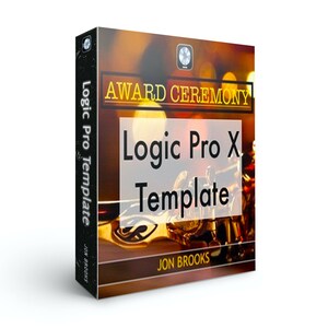 May include: A Logic Pro X template for creating an award ceremony soundtrack. The template is shown on a box with a gold microphone and a blurred background of lights. The text on the box reads "Award Ceremony Logic Pro X Template Jon Brooks".
