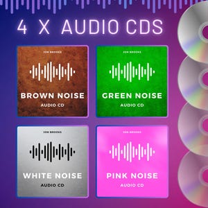 Może przedstawiać: Wyświetlane są cztery płyty CD audio, każda z innym kolorowym tłem. Płyty CD są oznaczone jako "Brown Noise", "Green Noise", "White Noise" i "Pink Noise". Każda płyta CD ma grafikę fali i tekst "Audio CD".