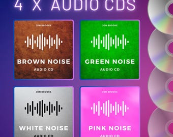 Könnte beinhalten: Vier Audio-CDs werden gezeigt, jede mit einem unterschiedlich farbigen Hintergrund. Die CDs sind mit "Brown Noise", "Green Noise", "White Noise" und "Pink Noise" beschriftet. Jede CD hat eine Wellenformgrafik und den Text "Audio CD".