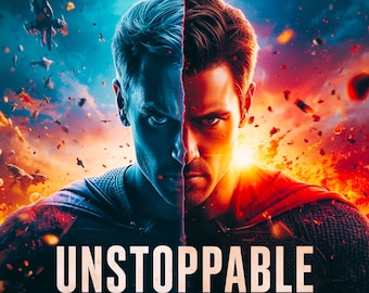 Könnte beinhalten: Digitales Kunstwerk, das einen Mann zeigt, dessen Gesicht vertikal geteilt ist, eine Hälfte blau, die andere rot. Das Wort "UNSTOPPABLE" ist prominent geschrieben, darunter "TRACKSONIX".