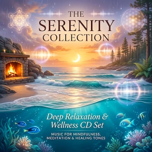 以下が含まれることがあります： 「The Serenity Collection」と題されたイラスト入りのCDセットで、「Deep Relaxation & Wellness CD Set」というテキストが入っています。夕日、暖炉、魚がいる水中要素のある穏やかな海のシーンが描かれています。
