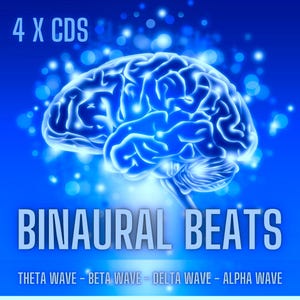 Könnte beinhalten: Eine blaue Illustration eines Gehirns mit dem Text "4 X CDS BINAURAL BEATS THETA WAVE - BETA WAVE - DELTA WAVE - ALPHA WAVE" auf blauem Hintergrund mit weißen Punkten.