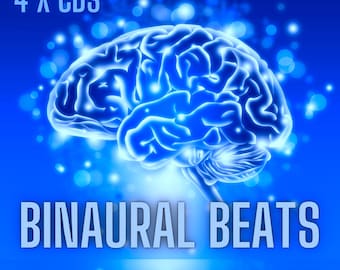 Könnte beinhalten: Eine blaue Illustration eines Gehirns mit dem Text "4 X CDS BINAURAL BEATS THETA WAVE - BETA WAVE - DELTA WAVE - ALPHA WAVE" auf blauem Hintergrund mit weißen Punkten.