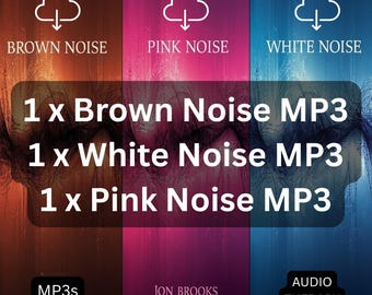 Könnte beinhalten: Ein digitales Produkt-Grafik mit drei vertikalen Feldern: braun, pink und blau. Jedes Feld zeigt ein Wolkensymbol und den Text "Brown Noise", "Pink Noise" und "White Noise". Die Grafik zeigt auch "1 x Brown Noise MP3", "1 x White Noise MP3" und "1 x Pink Noise MP3".