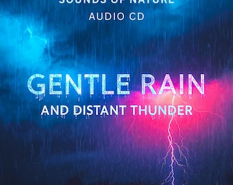 Könnte beinhalten: Audio-CD mit dem Titel "Gentle Rain and Distant Thunder" vor dem Hintergrund eines stürmischen Himmels. Das Cover zeigt den Text "Sounds of Nature" und einen Blitz. Der Name des Künstlers, Jon Brooks, steht unten.