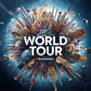 Könnte beinhalten: Eine lebendige digitale Illustration mit einem Globus, umgeben von verschiedenen Musikinstrumenten und Wahrzeichen. Die Worte "WORLD TOUR" sind prominent dargestellt, mit "TRACKSONIX" darunter. Das Kunstwerk hat ein blaues und blaugrünes Farbschema mit Vögeln.