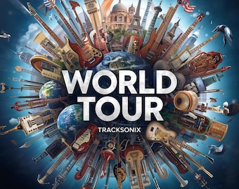 Könnte beinhalten: Eine lebendige digitale Illustration mit einem Globus, umgeben von verschiedenen Musikinstrumenten und Wahrzeichen. Die Worte "WORLD TOUR" sind prominent dargestellt, mit "TRACKSONIX" darunter. Das Kunstwerk hat ein blaues und blaugrünes Farbschema mit Vögeln.