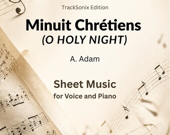 Könnte beinhalten: Noten für Gesang und Klavier mit dem Titel "Minuit Chrétiens (O Holy Night)" von A. Adam. Das Cover zeigt Noten und einen Violinschlüssel in einem Vintage-Design.