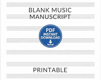 Könnte beinhalten: Ein weißes, bedruckbares Blatt mit leerem Notenmanuskriptpapier mit fünf horizontalen Linien. Die Wörter "BLANK MUSIC MANUSCRIPT" sind oben und "PRINTABLE" unten aufgedruckt. Ein blauer Kreis mit "PDF INSTANT DOWNLOAD" befindet sich in der Mitte.
