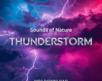 Könnte beinhalten: Ein digitales Albumcover mit einer dramatischen Gewitterlandschaft. Der Himmel wechselt von Blau zu Rosa, mit hellen weißen Blitzen. Der Text lautet "Sounds of Nature THUNDERSTORM" und "MP3 DOWNLOAD".