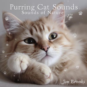May include: A close-up of a ginger cat with green eyes. The image has text that reads "Purring Cat Sounds Sounds of Nature" and "Jon Brooks". Paw prints are scattered around the cat.