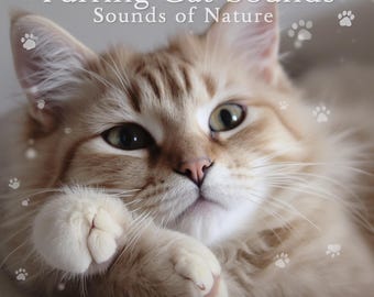 Könnte beinhalten: Nahaufnahme einer flauschigen, hellbraunen Katze mit grünen Augen. Das Bild enthält den Text "Purring Cat Sounds Sounds of Nature" und "Jon Brooks". Pfotenabdrücke sind um die Katze herum verstreut.