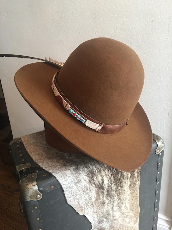 Navajo-inspired Vintage Western Open Crown Rusty Brown Fur Felt