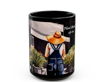 Plant Mama, tasse noire, amateurs de plantes, café, thé, gorgée, aquarelle, salopette, chapeau de paille, tasse de 15 oz, référencement