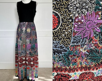Vintage 70s 60s Joan Curtis Sleeveless Maxi Dress - Mod Dress - Abstract Metallic Floral Novelty Print - Size Medium