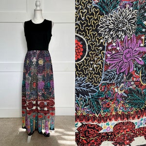 Vintage 70s 60s Joan Curtis Sleeveless Maxi Dress - Mod Dress - Abstract Metallic Floral Novelty Print - Size Medium