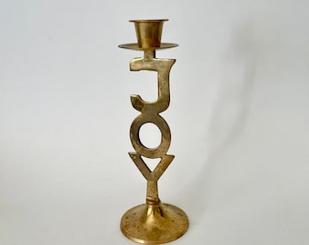 Vintage Brass JOY Candlestick Holder, Festive Christmas Holiday Decor