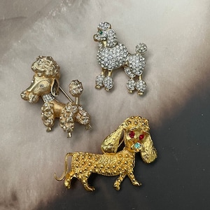 Vintage Dog Brooches with Rhinestones, Poodles, Dachshund - Costume Jewelry - Sold Separately