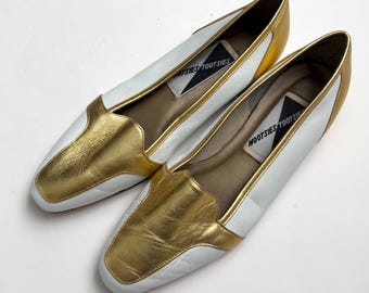 Vintage Mootsies Tootsies Weiß & Gold Leder Loafer Wohnungen Größe 9 M