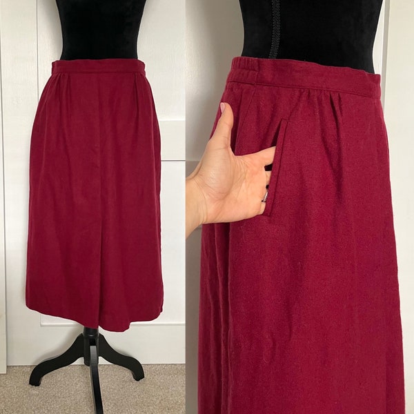 Vintage Berry Red High Waist Wool Skirt with Front Kick Pleat by Panther, 29" Waist