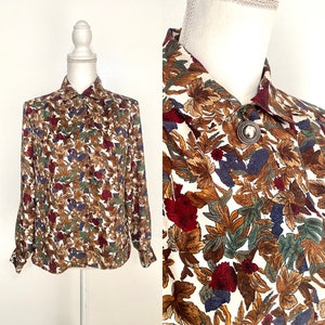 Vintage Leaf Pattern Long Sleeve Button Up Shirt Blouse by Notations, Size Large