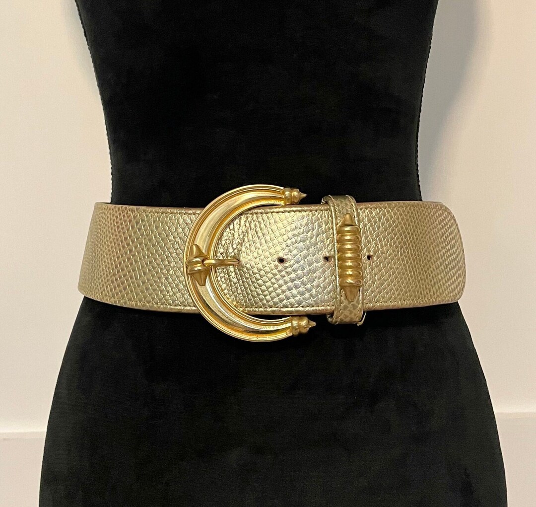 Vintage Metallic Gold Snake Texture Leather Waist Belt, Bright Gold