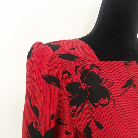 1980s Red Black Striped/Floral Print Long Sleeve … - image 3