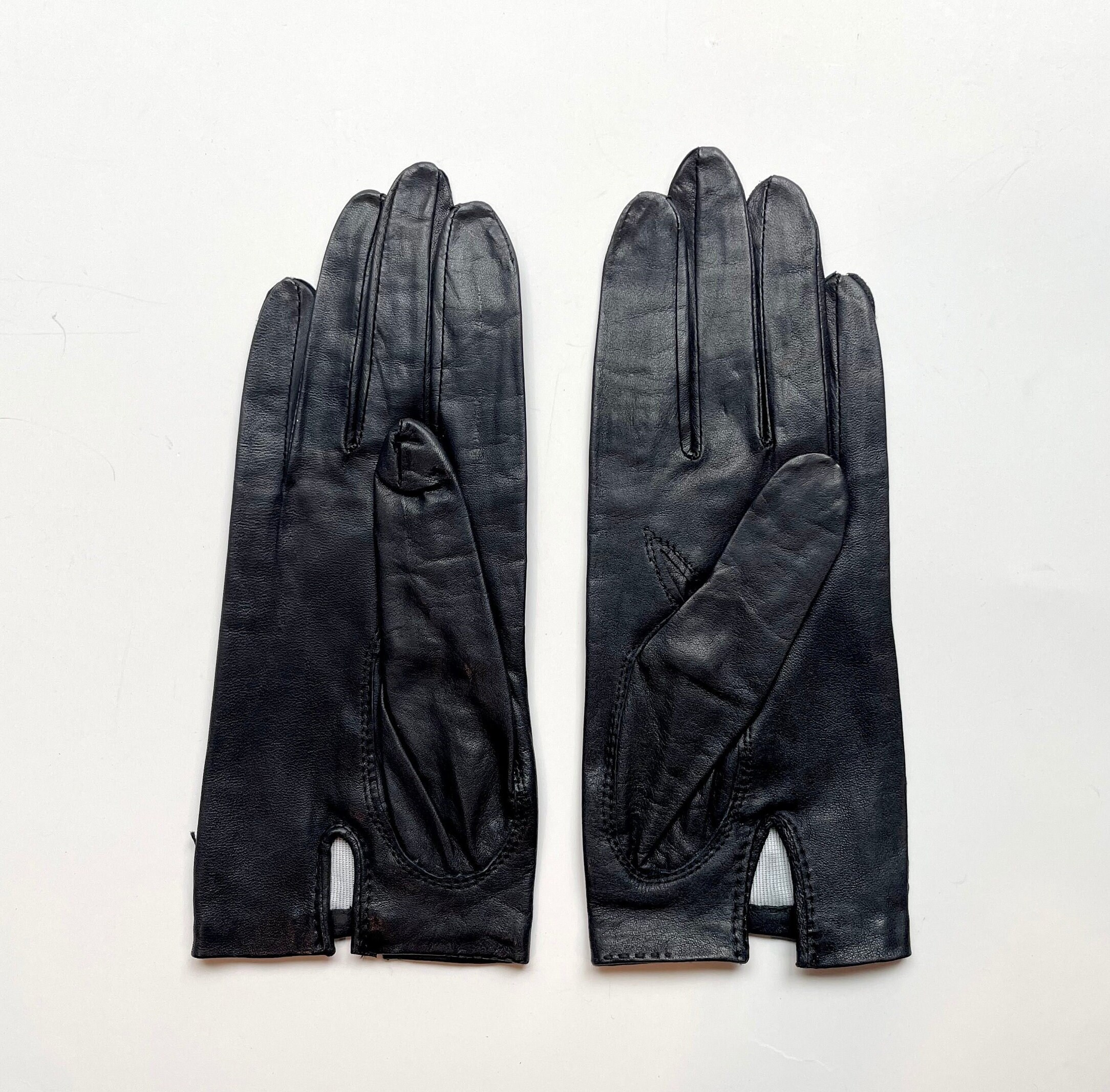 Vintage Black Leather Gloves With Silk Lining, Made in Japan