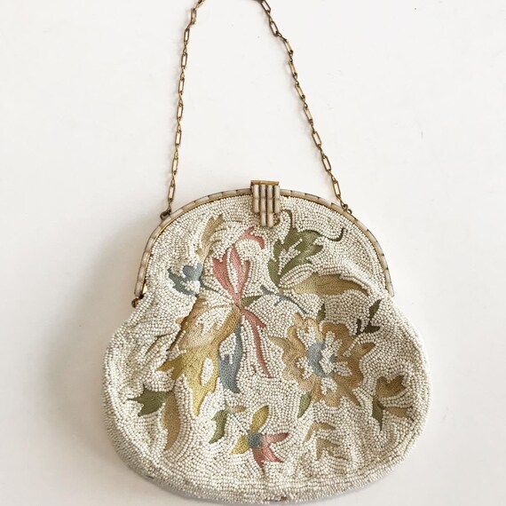 1930's French Micro Beaded Ivory Evening Purse