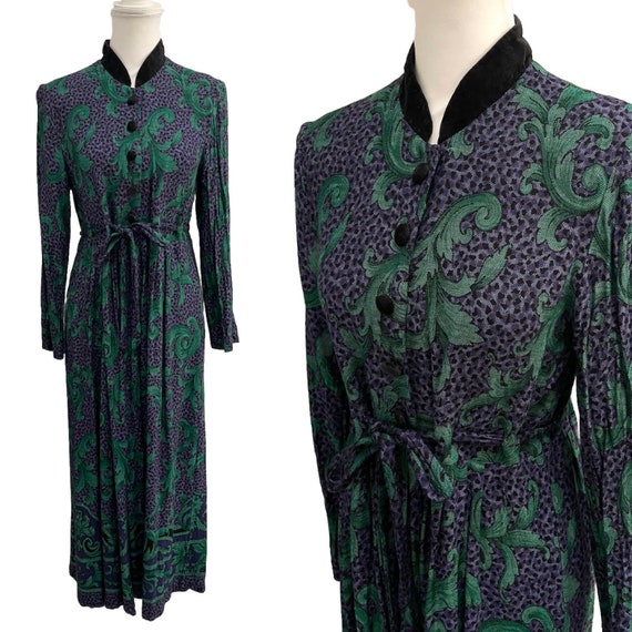 Vintage Purple and Green Button Front High Neck Dress With Black Velvet by JESSICA  HOWARD Size Medium - Etsy