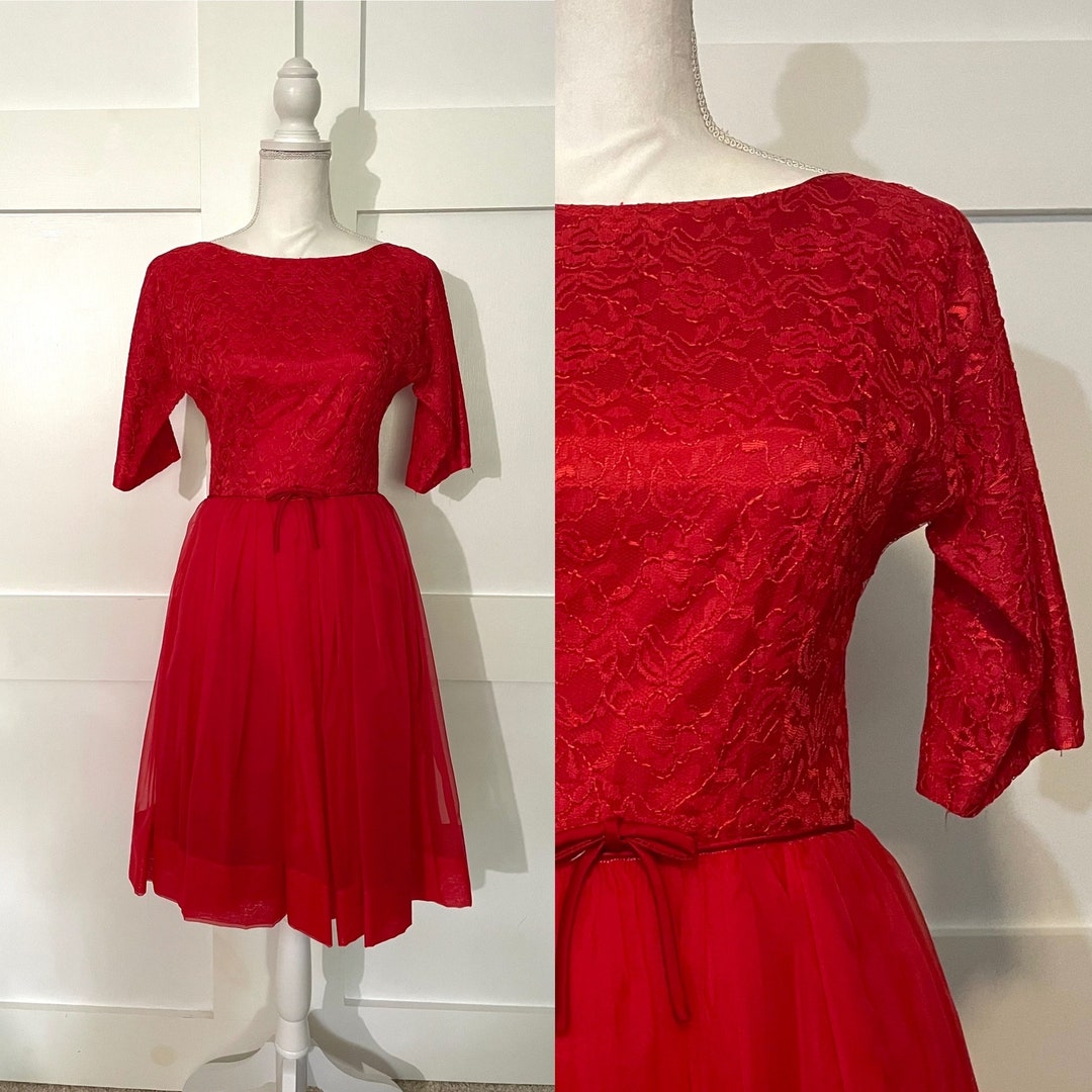 Vintage Red Lace and Chiffon Fit Flare Boatneck Party Dress With Half ...